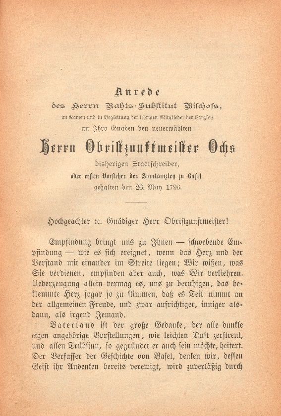 Miscellen: Anrede des Herrn Raths-Substitut Bischofs an Herrn Obristzunftmeister Ochs 1796 – Seite 1