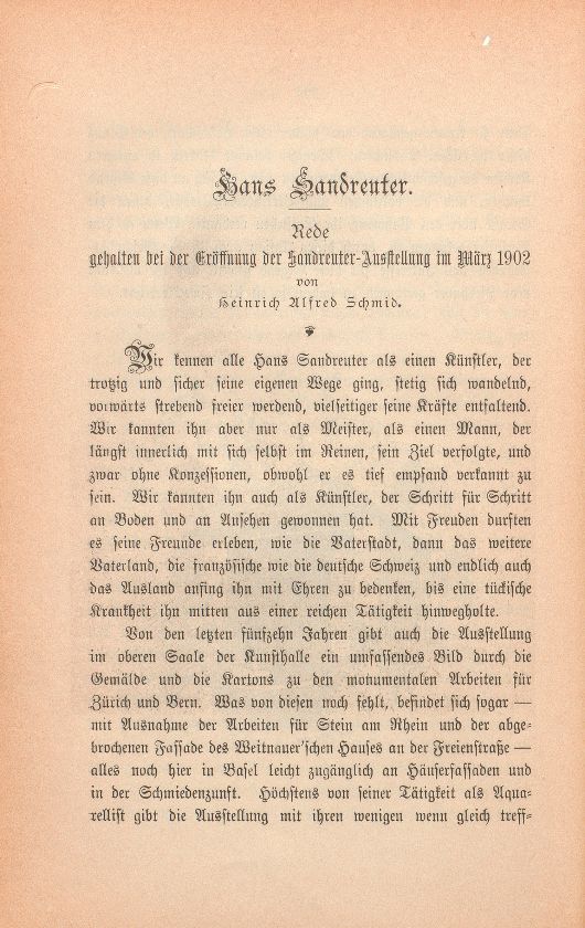 Hans Sandreuter. Rede gehalten bei der Eröffnung der Sandreuter-Ausstellung im März 1902 von Heinrich Alfred Schmid – Seite 1