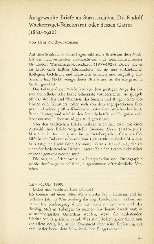 Ausgewählte Briefe an Staatsarchivar Dr. Rudolf Wackernagel oder dessen Gattin (1882-1926) – Seite 1
