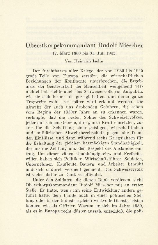 Oberstkorpskommandant Rudolf Miescher 17. März 1880 bis 31. Juli 1945 – Seite 1