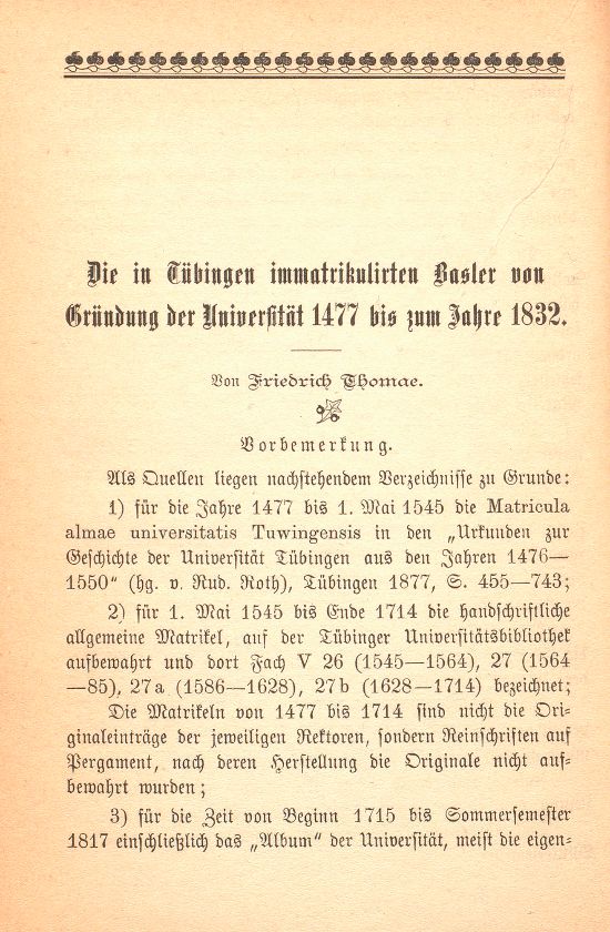 Die in Tübingen immatrikulierten Basler von Gründung der Universität 1477 bis zum Jahre 1832 – Seite 1