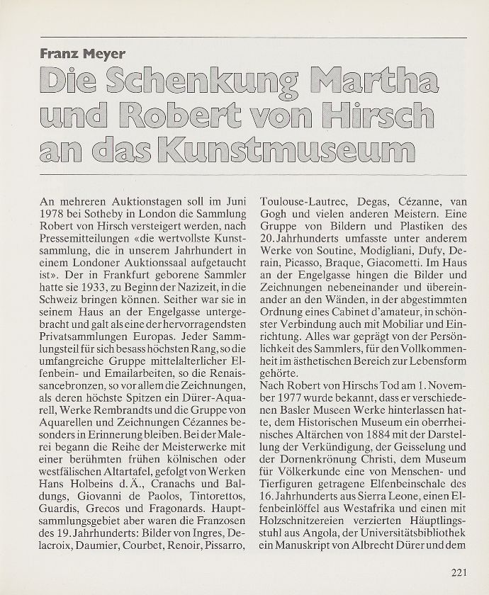 Die Schenkung Martha und Robert von Hirsch an das Kunstmuseum – Seite 1