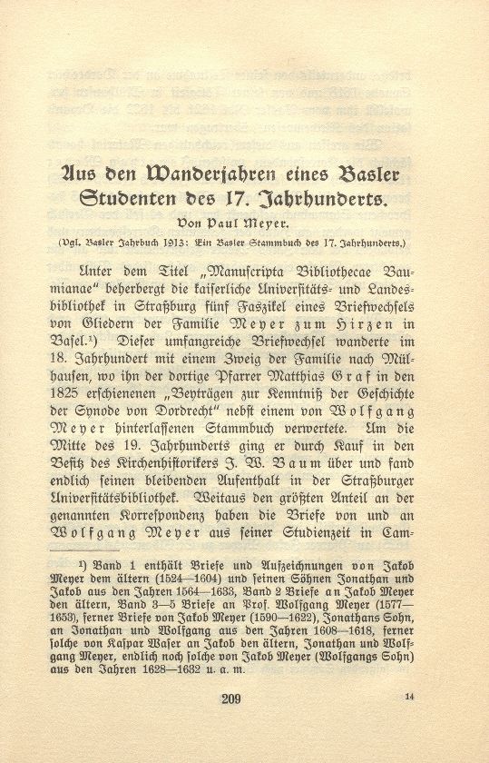Aus den Wanderjahren eines Basler Studenten des 17. Jahrhunderts [Wolfgang Meyer] – Seite 1