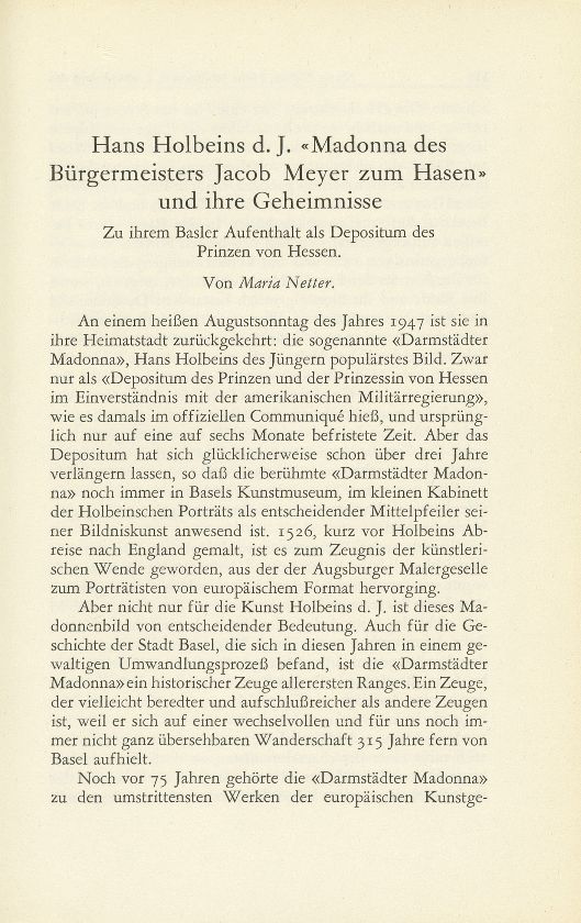 Hans Holbein d. J. ‹Madonna des Bürgermeisters Jacob Meyer zum Hasen› und ihre Geheimnisse – Seite 1