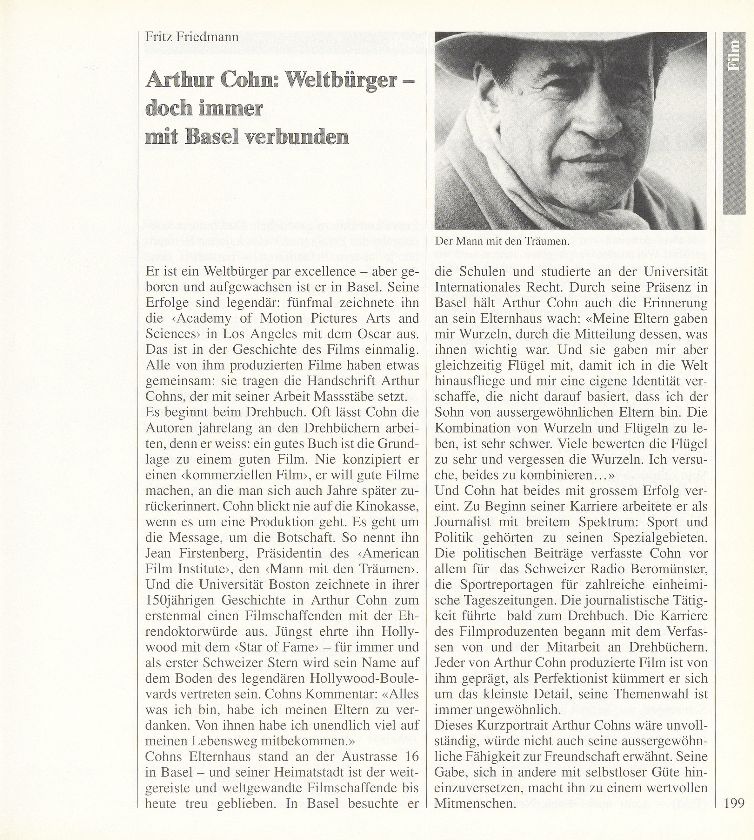 Arthur Cohn: Weltbürger – doch immer mit Basel verbunden – Seite 1