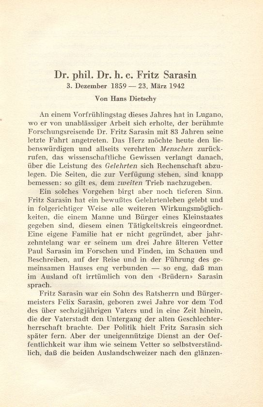 Dr. phil. Dr. h.c. Fritz Sarasin 3. Dezember 1859 bis 23. März 1942 – Seite 1