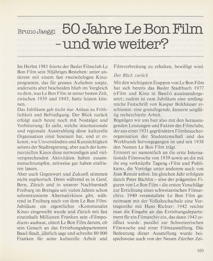 50 Jahre Le Bon Film – und wie weiter? – Seite 1