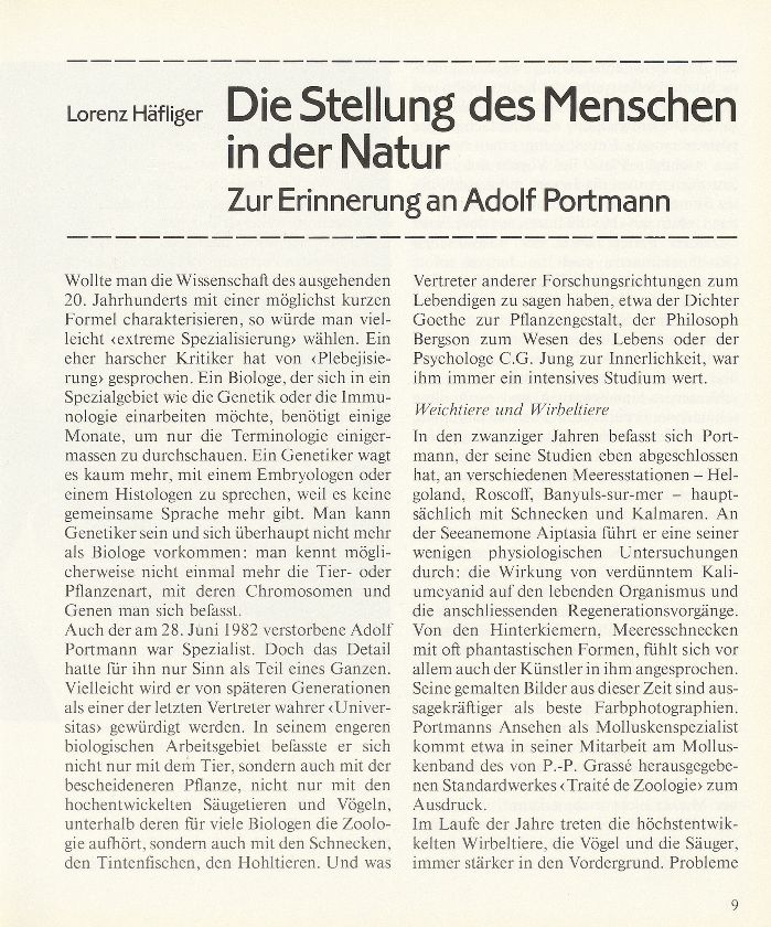 Die Stellung des Menschen in der Natur. (Zur Erinnerung an Adolf Portmann.) – Seite 1