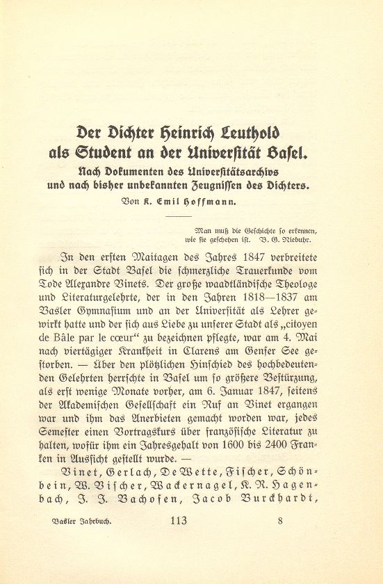 Der Dichter Heinrich Leuthold als Student an der Universität Basel – Seite 1