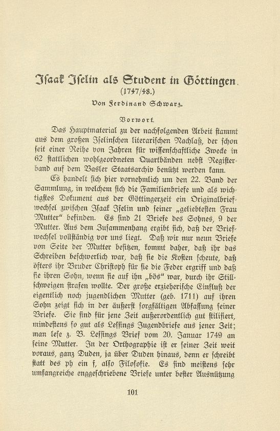 Isaak Iselin als Student in Göttingen (1747/48) – Seite 1