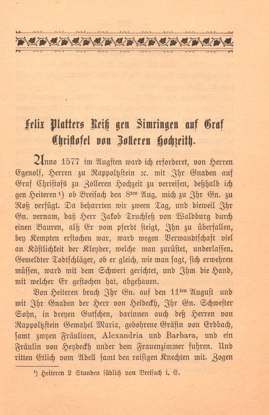 Felix Platters Reiss gen Simringen auf Graf Christofel von Zolleren Hochzeith – Seite 1
