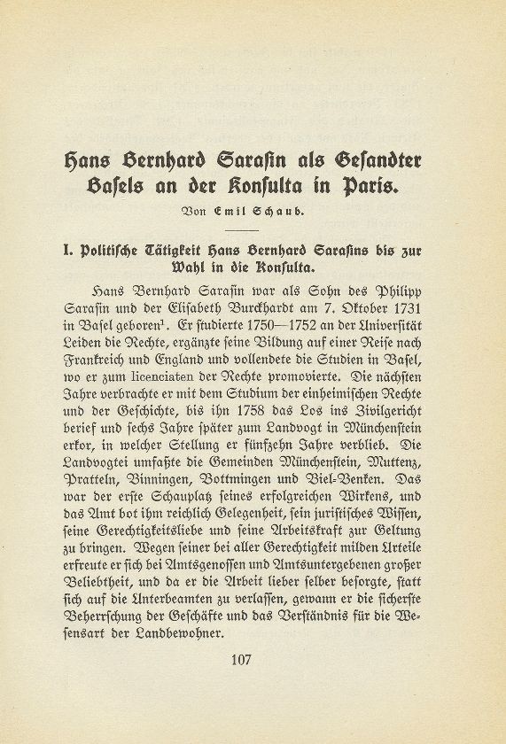Hans Bernhard Sarasin als Gesandter Basels an der Konsulta in Paris – Seite 1