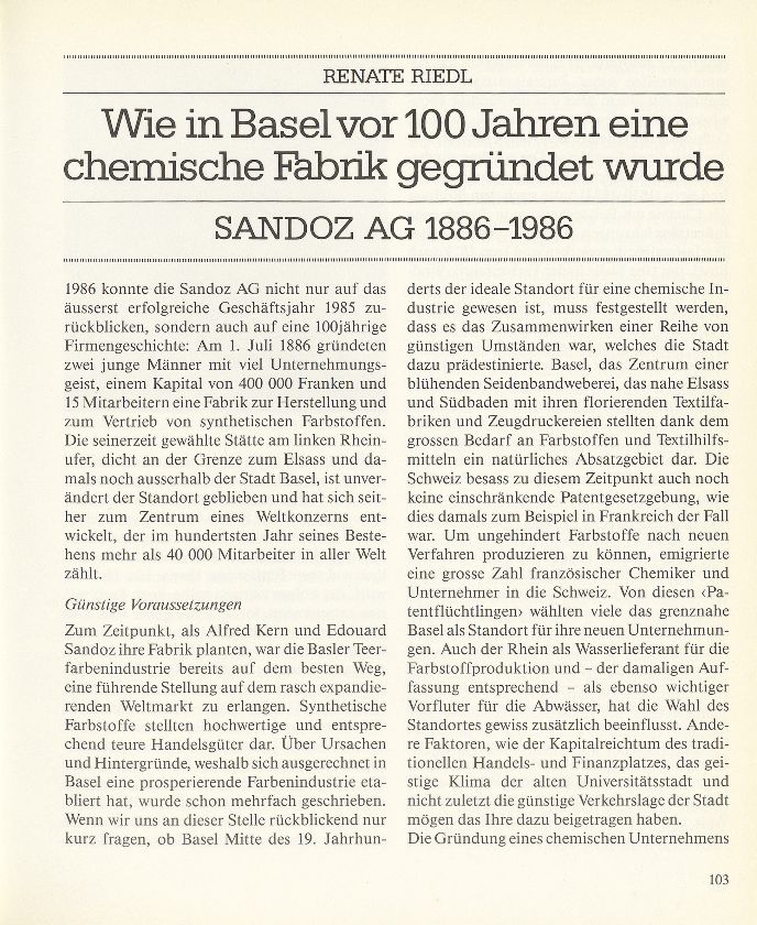 Wie in Basel vor 100 Jahren eine chemische Fabrik (Sandoz) gegründet wurde – Seite 1