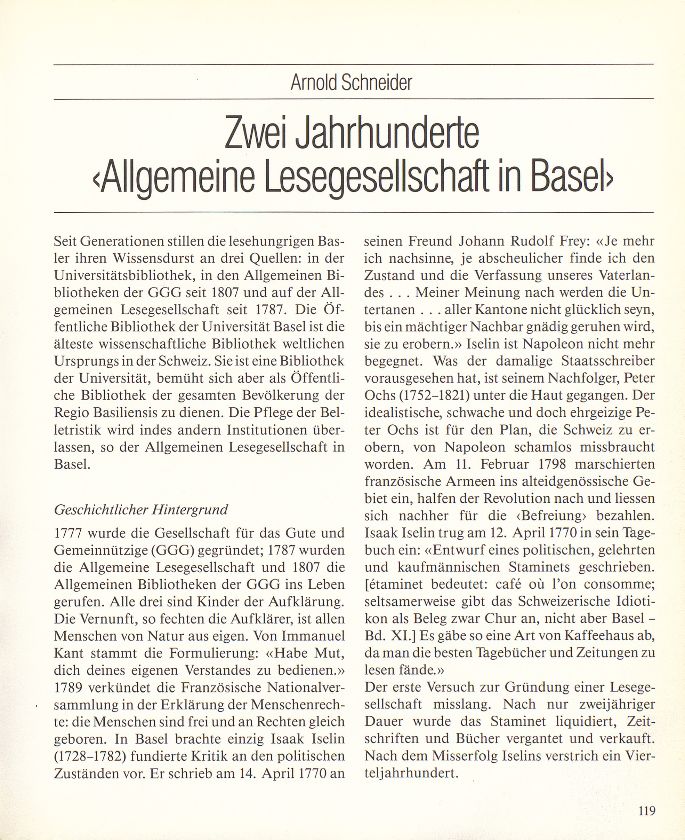 Zwei Jahrhunderte ‹Allgemeine Lesegesellschaft in Basel› – Seite 1