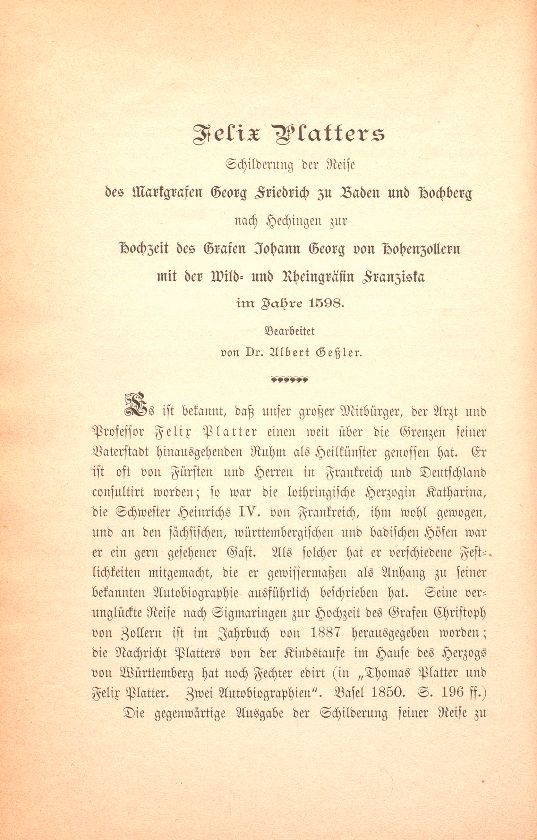 Felix Platters Schilderung der Reise des Markgrafen Georg Friedrich zu Baden und Hochberg – Seite 1