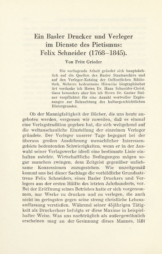 Ein Basler Drucker und Verleger im Dienste des Pietismus: Felix Schneider (1768-1845) – Seite 1