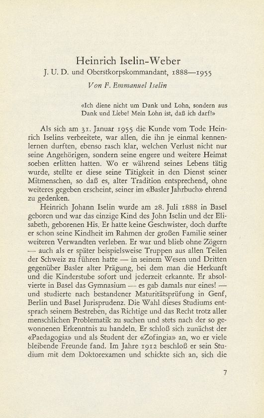 Heinrich Iselin-Weber J.U.D. und Oberstkorpskommandant, 1888-1955 – Seite 1