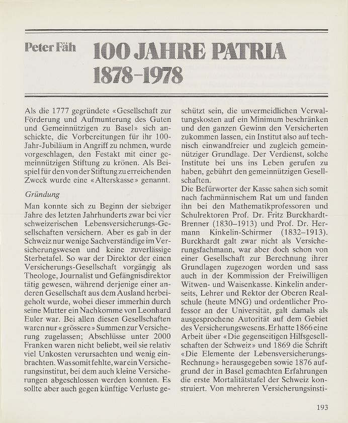 100 Jahre Patria 1878-1978 – Seite 1