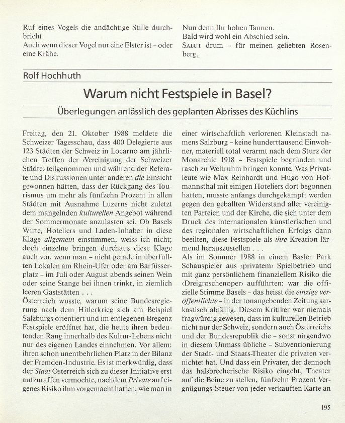 Warum nicht Festspiele in Basel? Überlegungen anlässlich des geplanten Abrisses des Küchlins – Seite 1