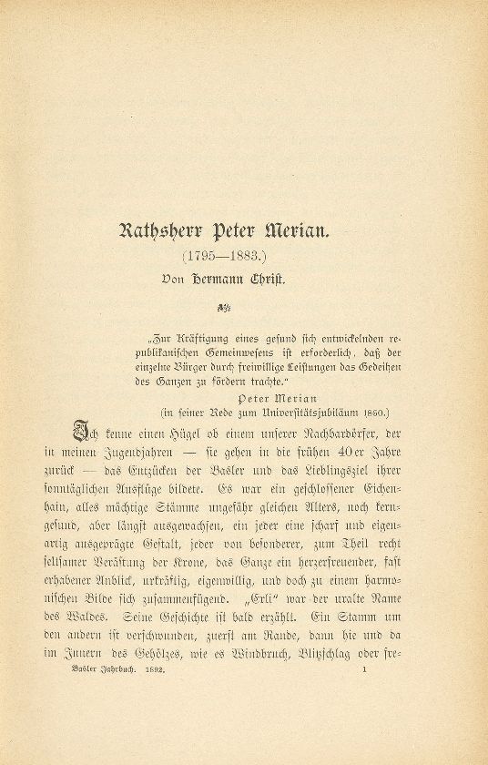 Rathsherr Peter Merian. (1795-1883.) – Seite 1
