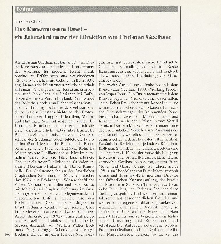 Das Kunstmuseum Basel – ein Jahrzehnt unter der Direktion von Christian Geelhaar – Seite 1