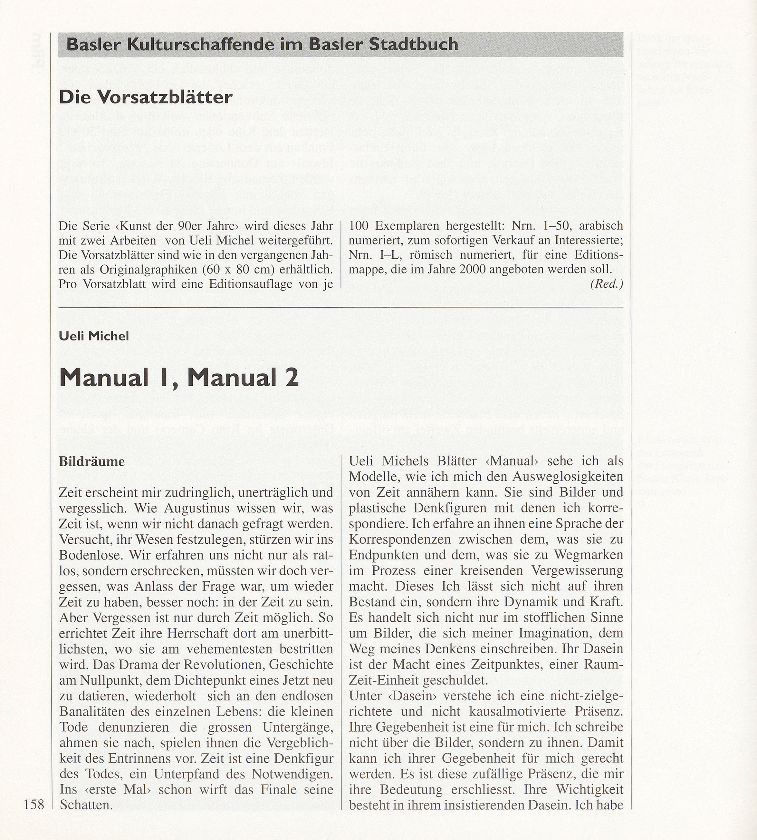 Die Vorsatzblätter von Ueli Michel: Manual 1, Manual 2. Bildräume – Seite 1