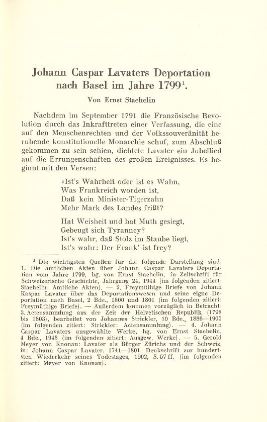 Johann Caspar Lavaters Deportation nach Basel im Jahre 1799 – Seite 1