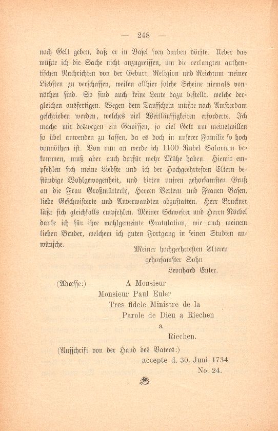 Miscellen: Ein Brief von Leonhard Euler an seine Eltern – Seite 2