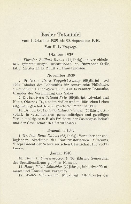 Basler Totentafel vom 1. Oktober 1939 bis 31. September 1940 – Seite 1