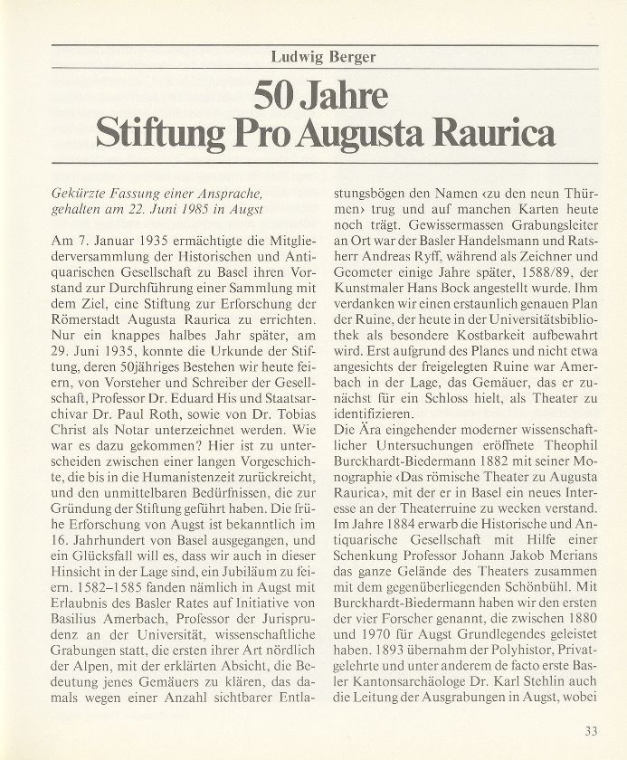 50 Jahre Stiftung Pro Augusta Raurica – Seite 1