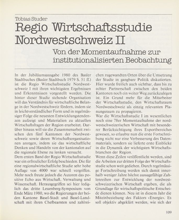 Regio Wirtschaftsstudie Nordwestschweiz II – Seite 1
