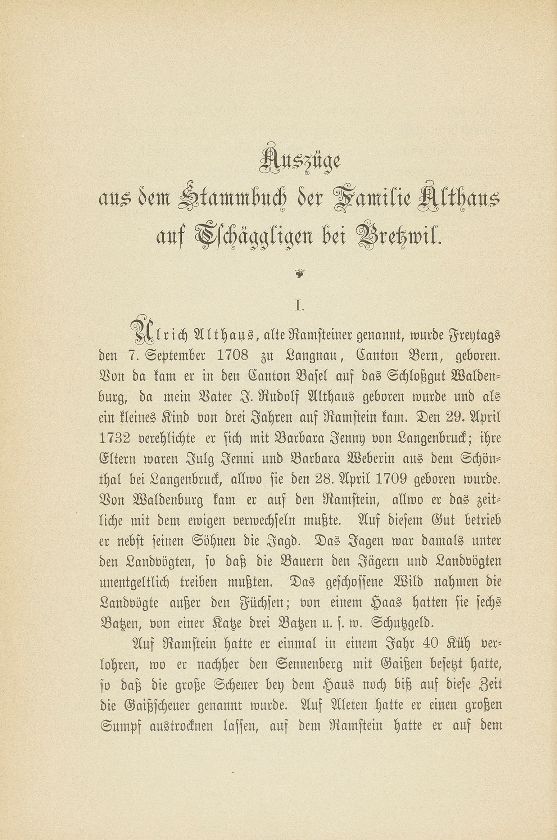 Auszüge aus dem Stammbuch der Familie Althaus auf Tschäggligen bei Bretzwil – Seite 1