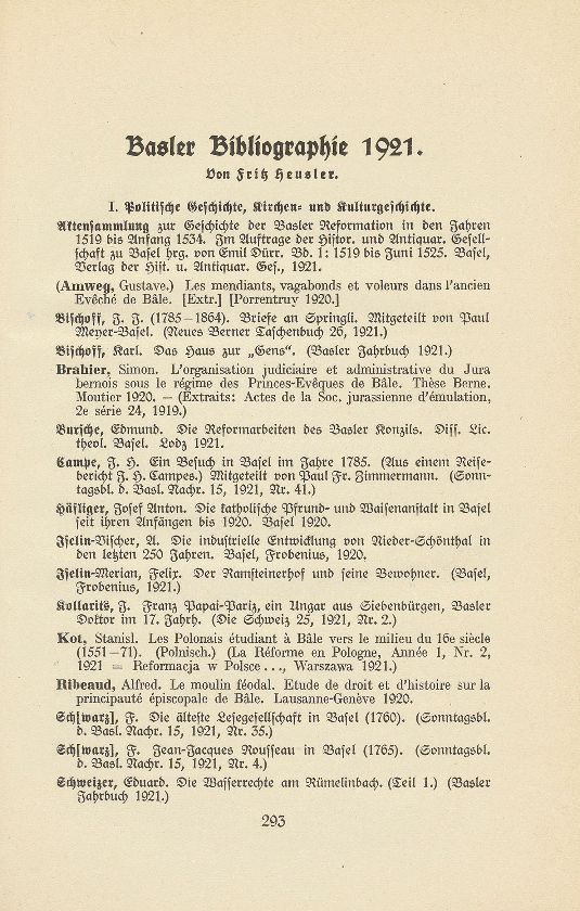 Basler Bibliographie 1921 – Seite 1