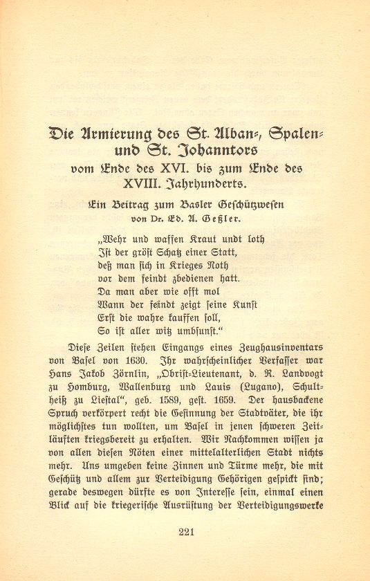 Die Armierung des St. Alban-, Spalen- und St. Johanntors vom Ende des XVI. bis zum Ende des XVIII. Jahrhunderts – Seite 1