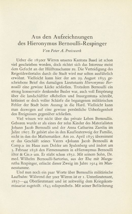 Aus den Aufzeichnungen des Hieronymus Bernoulli-Respinger – Seite 1