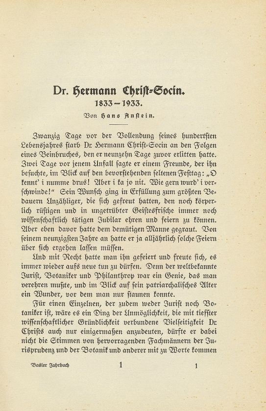 Dr. Hermann Christ-Socin. 1833-1933 – Seite 1