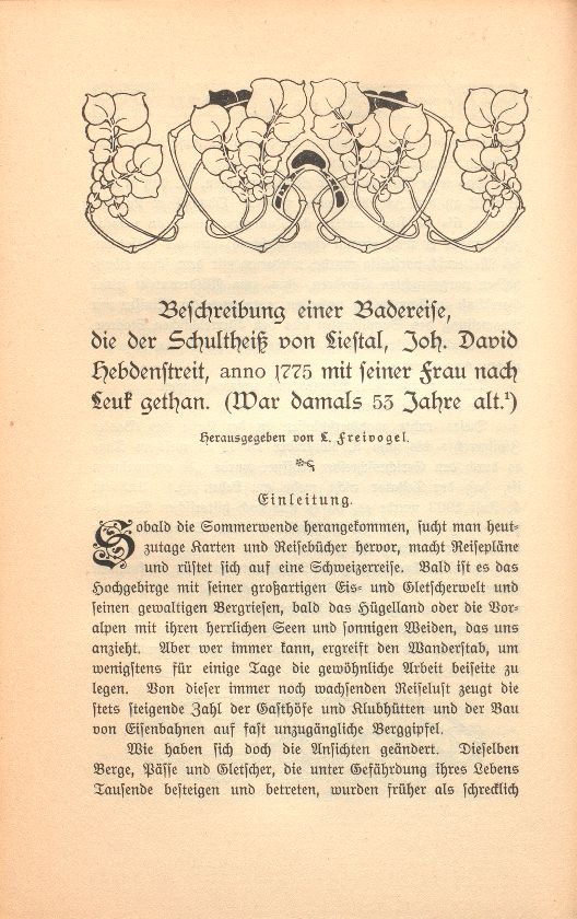 Beschreibung einer Badereise, die der Schultheiss von Liestal, Joh. David Hebdenstreit, anno 1775 mit seiner Frau nach Leuk gethan. (War damals 53 Jahre alt.) – Seite 1