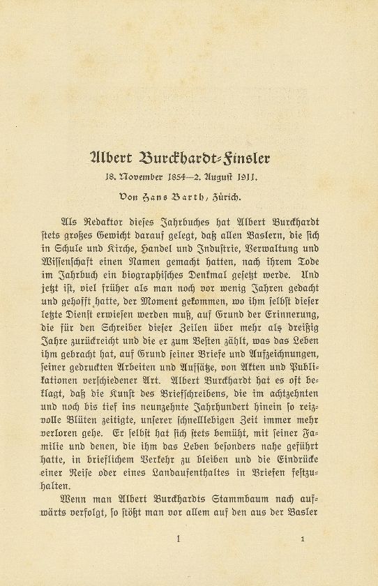 Albert Burckhardt-Finsler 18. November 1854 – 2. August 1911 – Seite 1