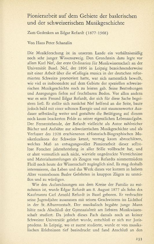 Pionierarbeit auf dem Gebiete der baslerischen und der schweizerischen Musikgeschichte – Seite 1