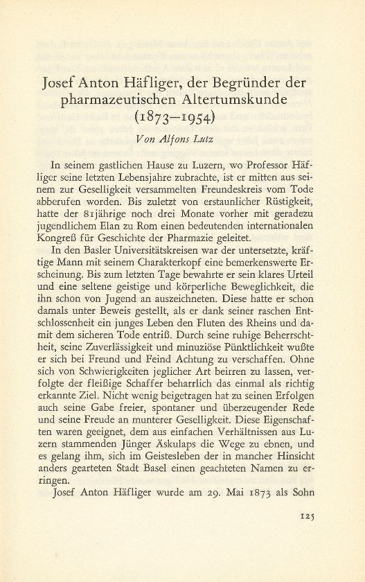 Josef Anton Häfliger, der Begründer der pharmazeutischen Altertumskunde (1873-1954) – Seite 1