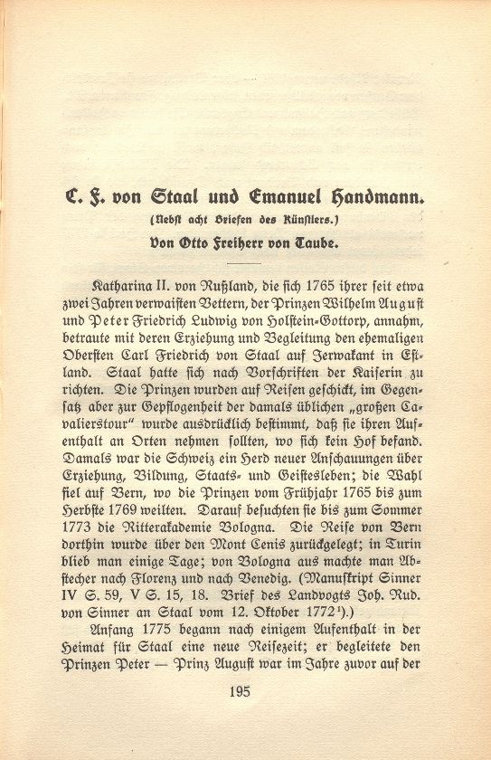 C.F. von Staal und Emanuel Handmann. (Nebst acht Briefen des Künstlers.) – Seite 1