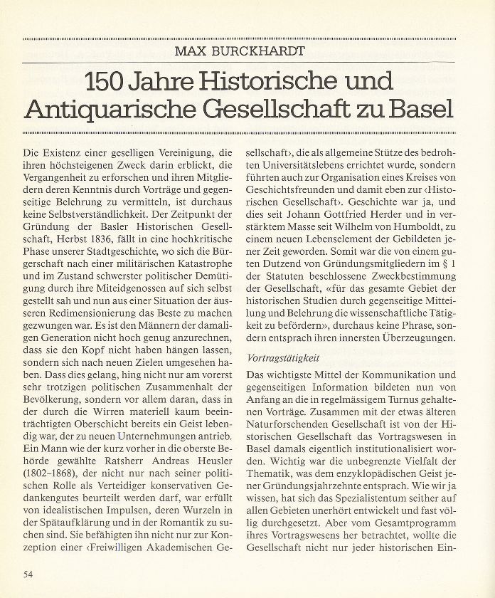 150 Jahre Historische und Antiquarische Gesellschaft zu Basel – Seite 1