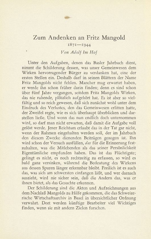 Zum Andenken an Fritz Mangold 1871-1944 – Seite 1