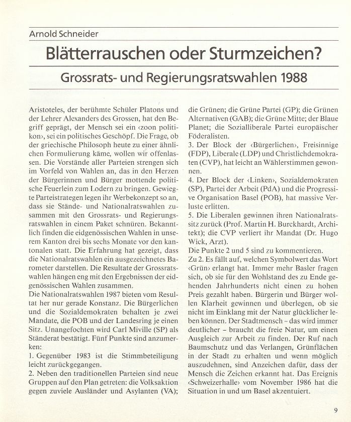 Blätterrauschen oder Sturmzeichen? Grossrats- und Regierungsratswahlen 1988 – Seite 1