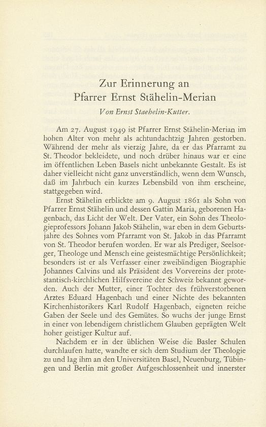 Zur Erinnerung an Pfarrer Ernst Staehelin-Merian – Seite 1