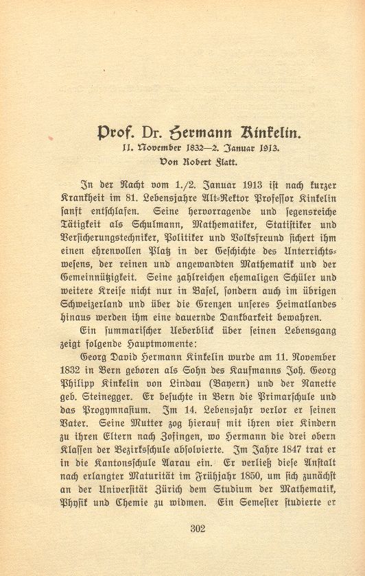 Prof. Dr. Hermann Kinkelin. 11. November 1832 bis 2. Januar 1913 – Seite 1