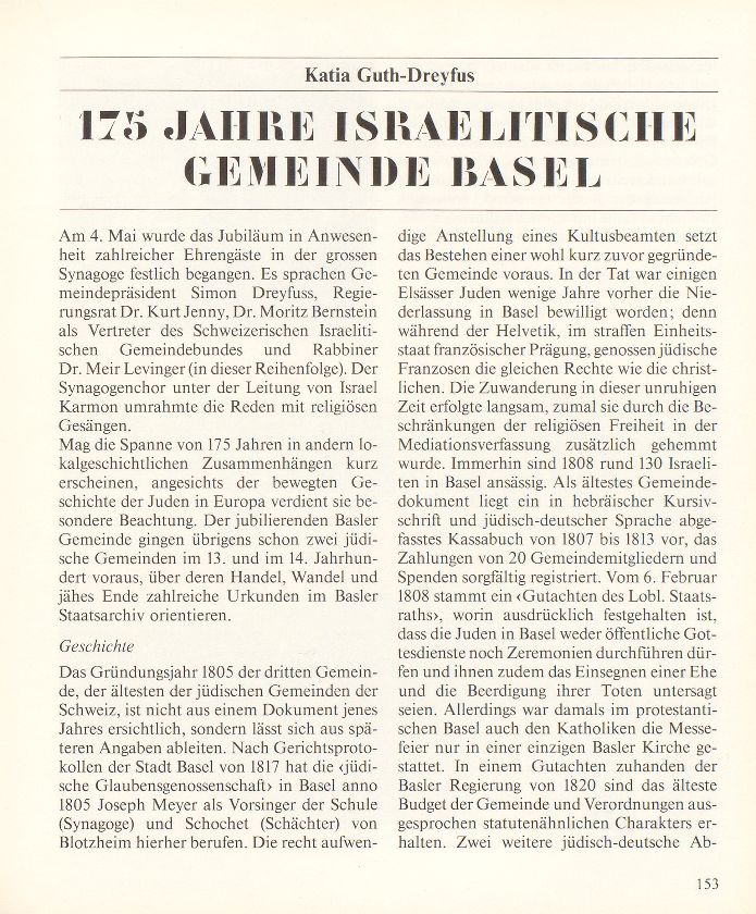 175 Jahre Israelitische Gemeinde Basel – Seite 1