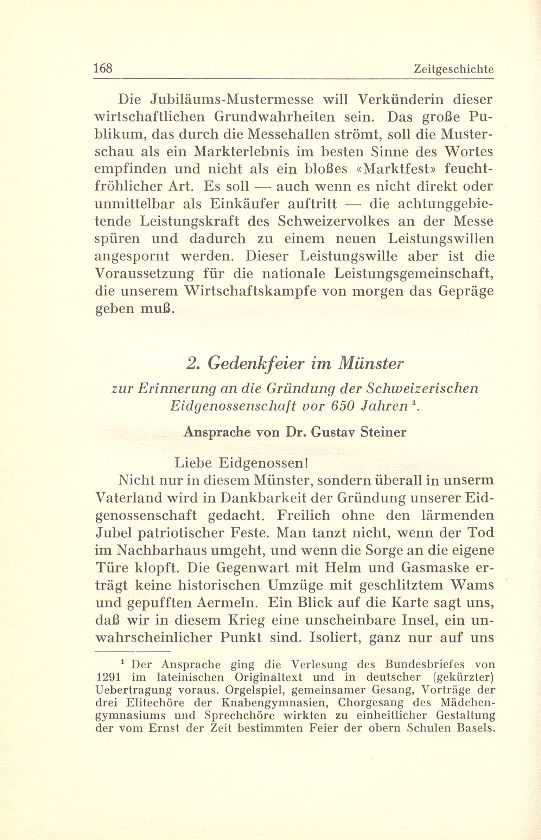 Zur Zeitgeschichte: 2. Gedenkfeier im Münster zur Erinnerung an die Gründung der Schweizerischen Eidgenossenschaft vor 650 Jahren – Seite 1
