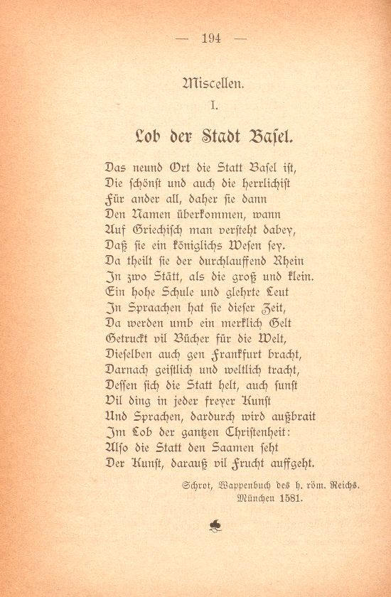 Miscellen: I. Lob der Stadt Basel [Gedicht] – Seite 1