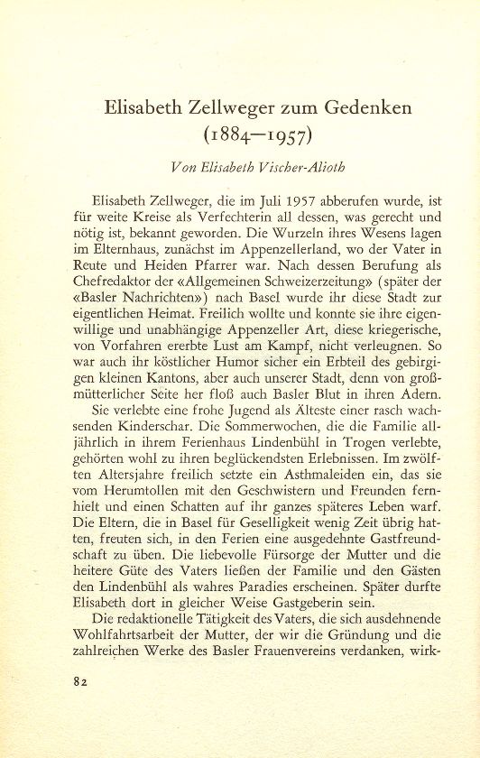 Elisabeth Zellweger zum Gedenken (1884-1957) – Seite 1